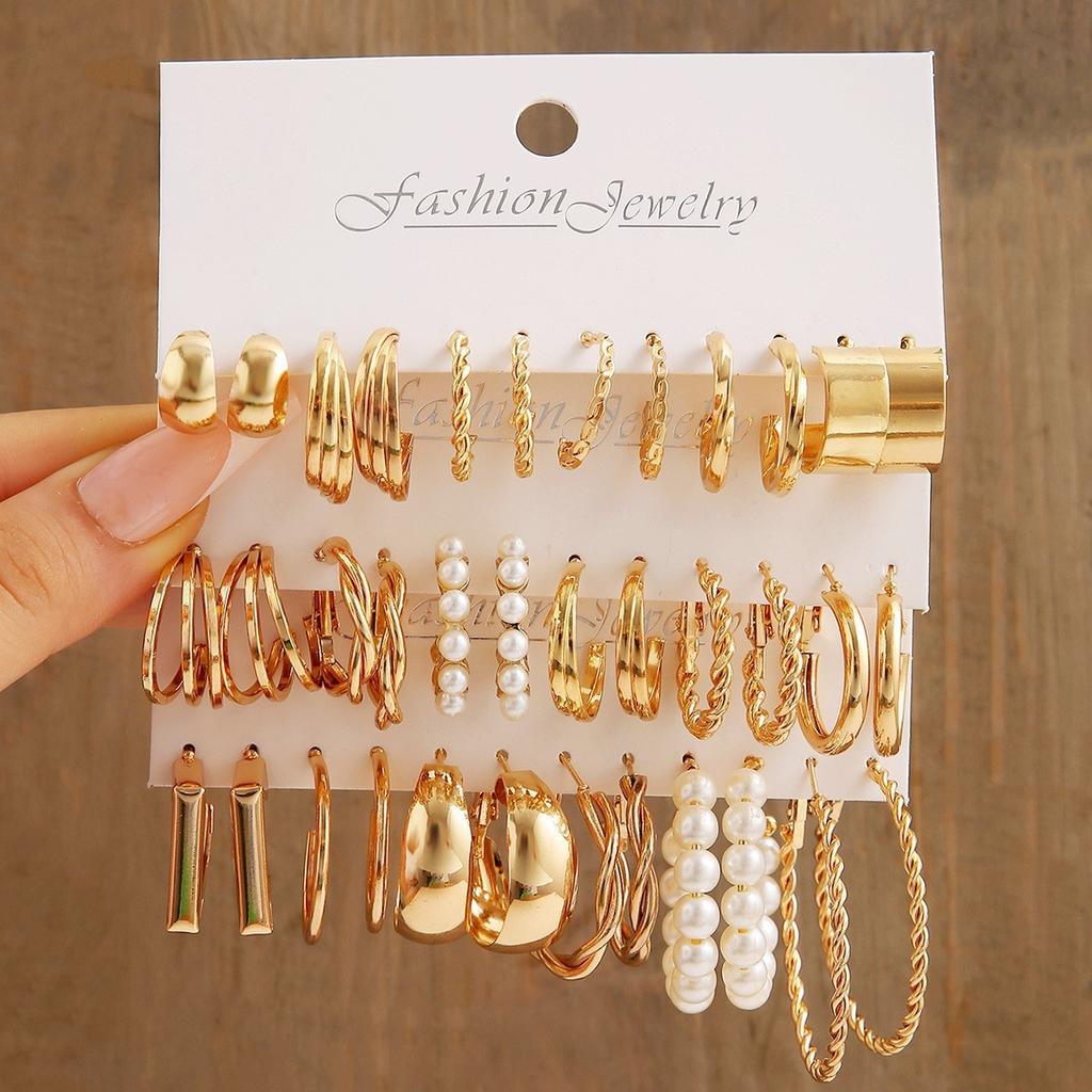 12/48pcs Bohemian Gold Color Metal Earrings Set For Women Fashion Pearl C-Shape Stud Earrings Daily Party Jewelry Festivals Gift