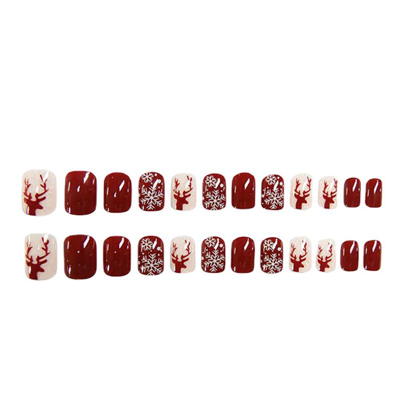 Winter Red Reindeer & Snowflake Press-On Nails - Holiday Short Manicure Stickers