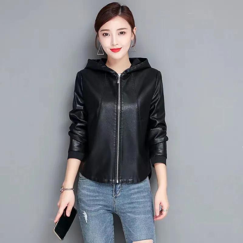 

Женская весенне-осенняя повседневная куртка из искусственной кожи с капюшоном на молнии, короткая верхняя одежда XS чёрный