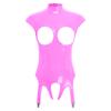 Womens Glossy Patent Leather Bodysuit Mock Neck Sleeveless Hollow Cup Open Crotch Leotard Garter Clips