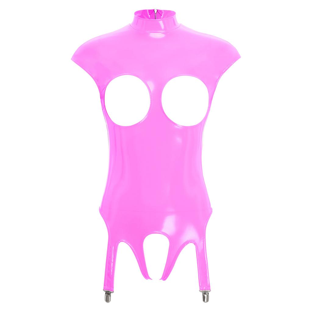 Womens Glossy Patent Leather Bodysuit Mock Neck Sleeveless Hollow Cup Open Crotch Leotard Garter Clips