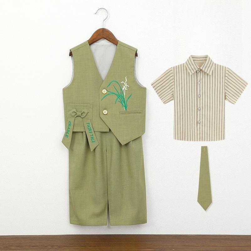 

Kids Boys Chinese Style Formal Suit Set Orchid Embroidered Vest Striped Shirt Pants Gentleman Outfit for Wedding Birthday Party 80cm