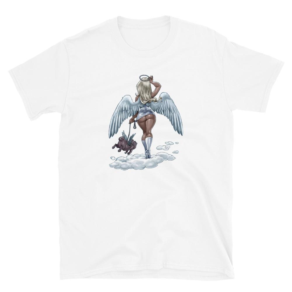 

Blonde Angel and Angel Dog Cloud Walking Heavens Help Tattoo Printed TShirt Unisex T-Shirt XXXXL