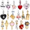 925 Silver Angel Wing Pink Gem Heart Lock Key Charm Pendant Beads Fit Bracelet Necklace Jewelry Valentine's Day Gift