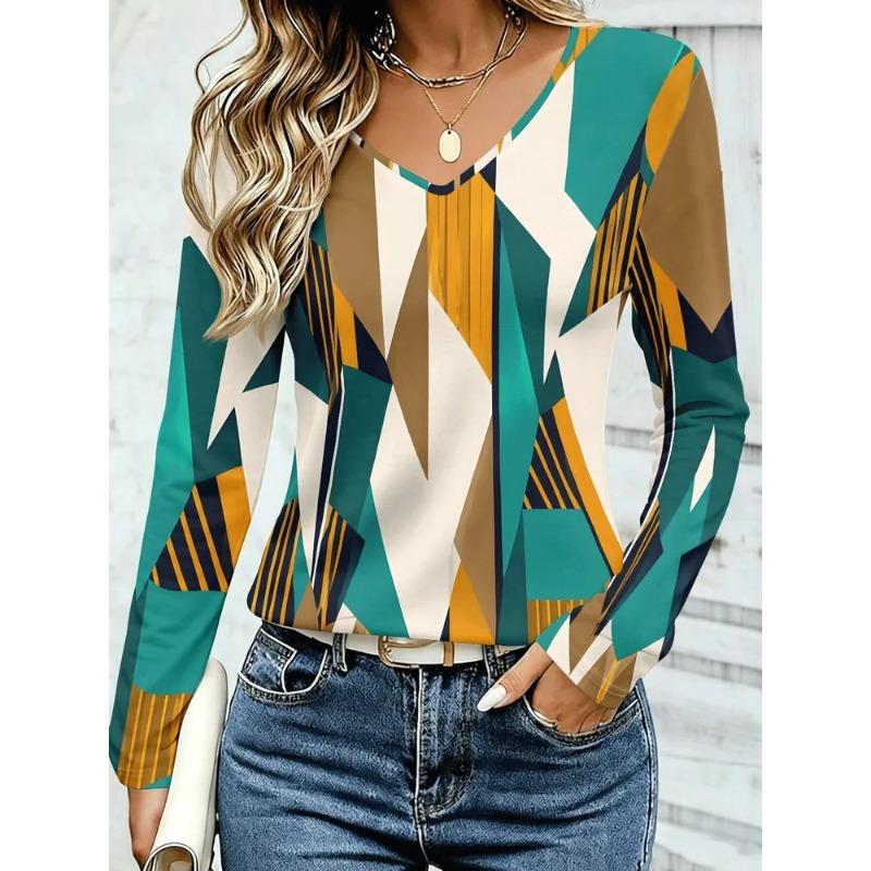 Autumn Women's 3D Stripe Printed V-Neck Long Sleeve T-Shirt Ethnic Style