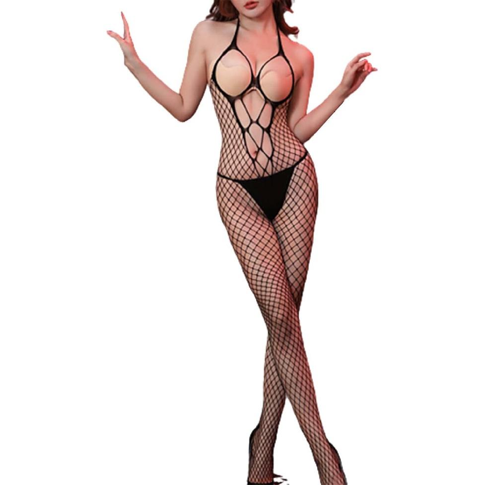 Damen Babydoll Hohl Netzstrumpfhose Dessous Netzstrumpfbody Durchsichtiges Hemdchen Bodys Strumpfhosen Strapshalter