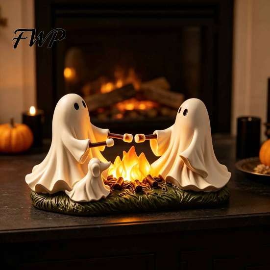 Halloween Party Table Centerpiece Ghost Roasted Marshmallows LED Ornament, Durable Resin Cute Desktop Decorative Lighted Night Light Craft,
