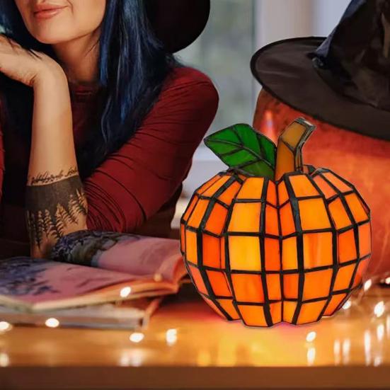Stained Glass Pumpkin Lantern Handmade Halloween Pumpkin Lamp Starry Night Glass Decor Indoor Fall