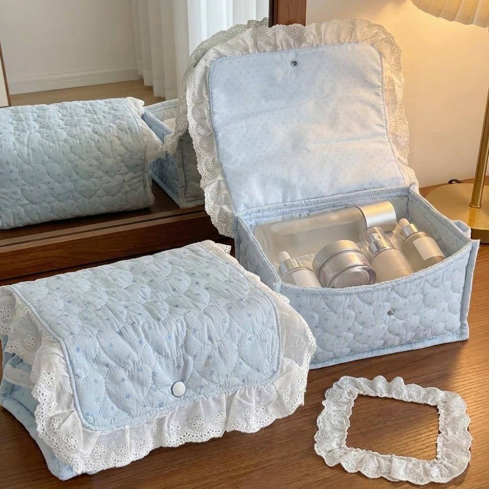 Button Closure Cotton Quilted Storage Basket Lace Edge Fabric Storage Basket Dresser