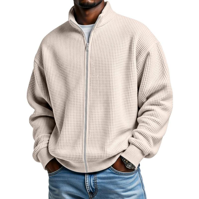 Mens Grey Waffle Knit Zip-Up Jacket Stand Collar Loose Fit Long Sleeve Casual Solid Color Top