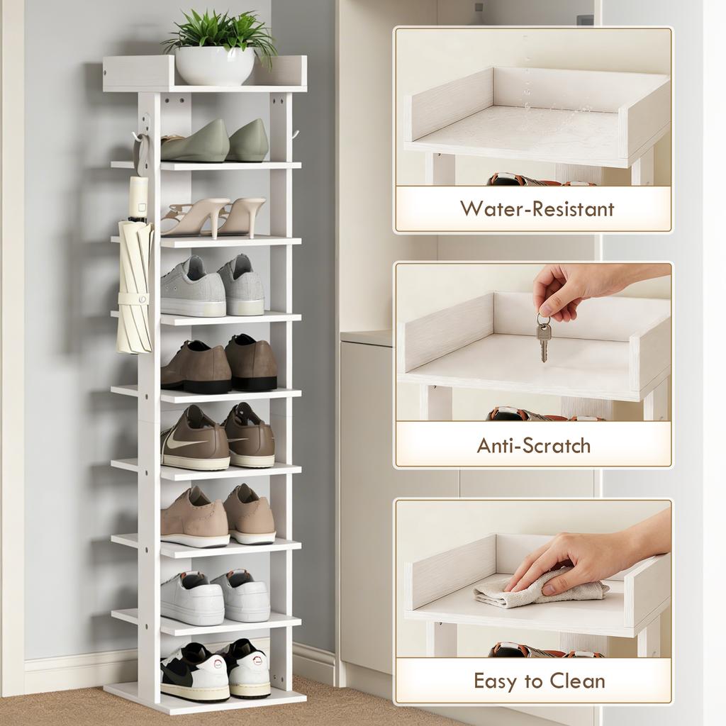 Shoe Rack 9-Tier Shoe Storage Organiser Top Tray Guardrail 2 Hooks 30 X 30 X 128.4 Cm White