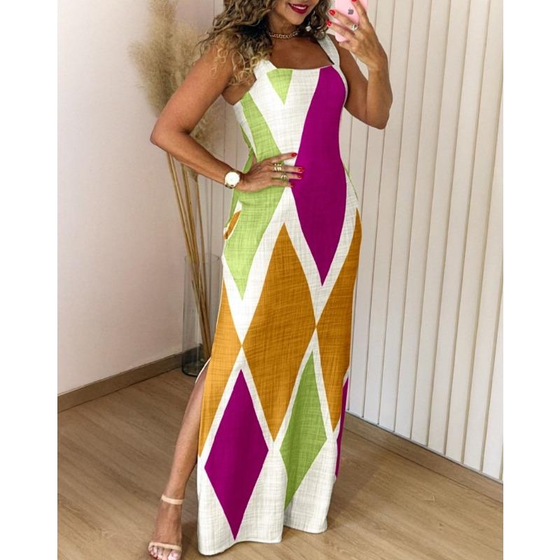 Summer new sleeveless contrasting colors sexy slim-fitting split commuter dress women's clothing