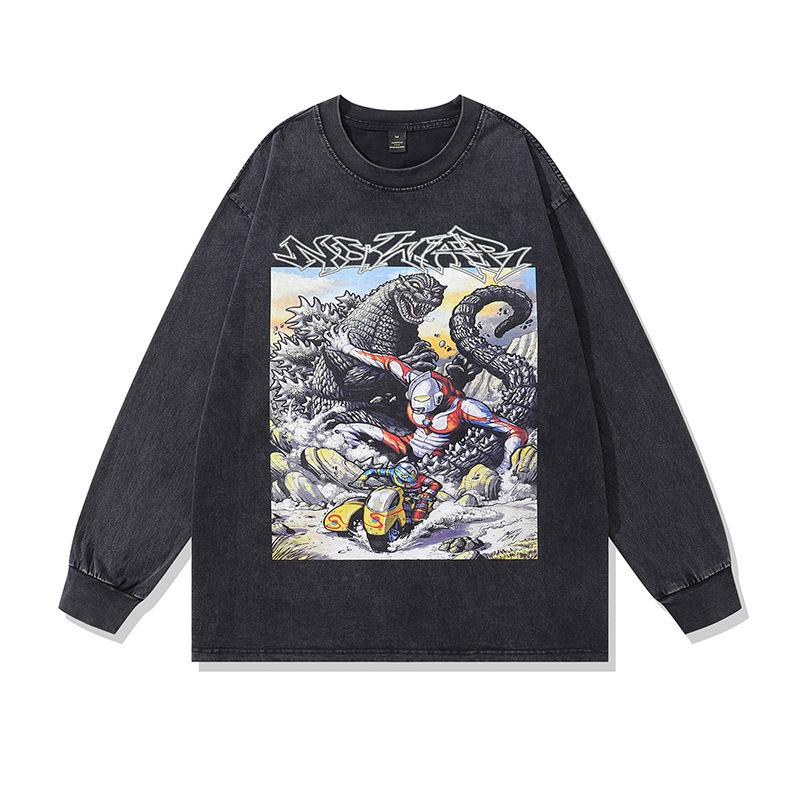 

American Hiphop Street Tide Brand Spoof Cat Print Casual Ins Couple Washed Long Sleeve T-Shirt Men And Women S