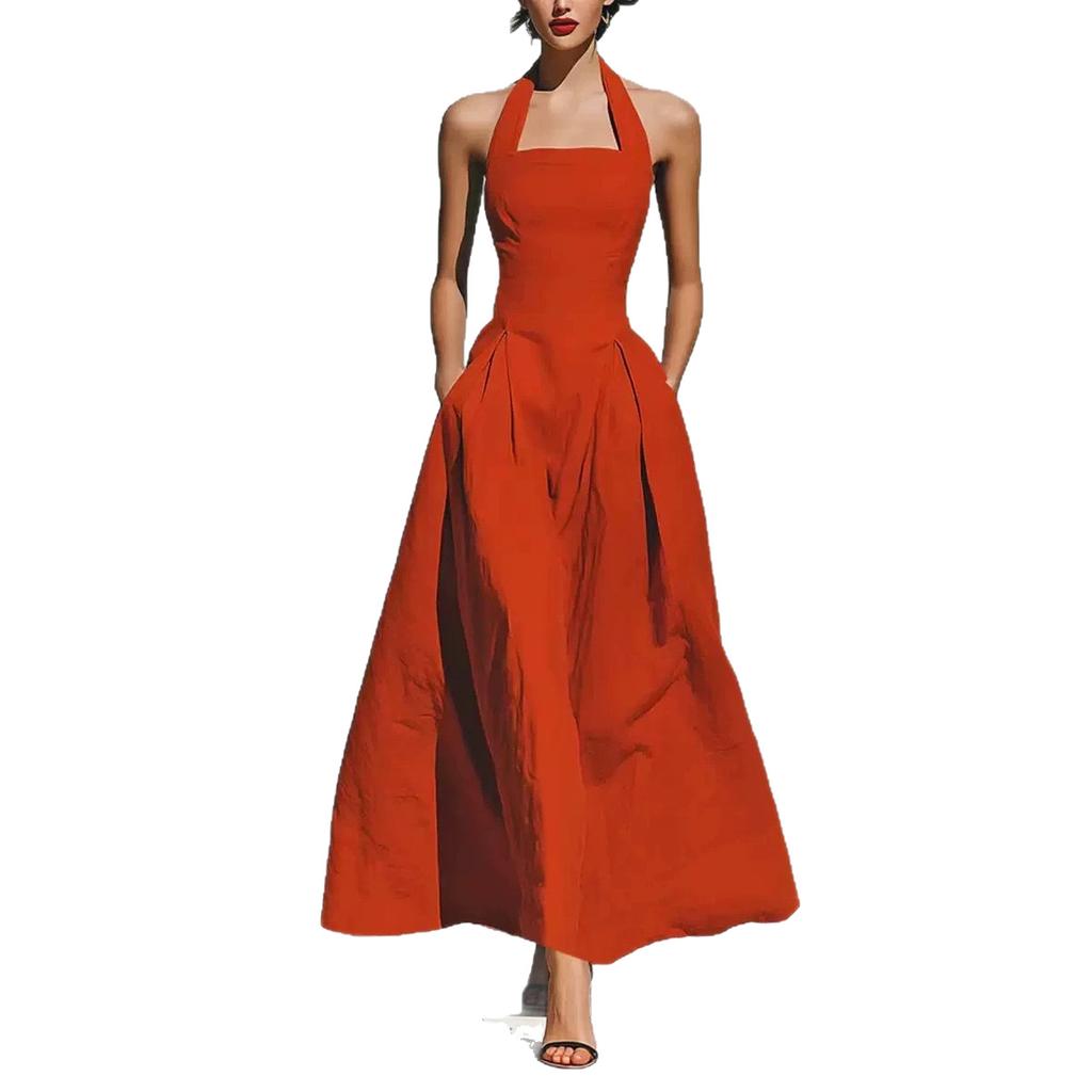 European, American spring and summer neck imitation hemp casual fashion slim pocket women's dress