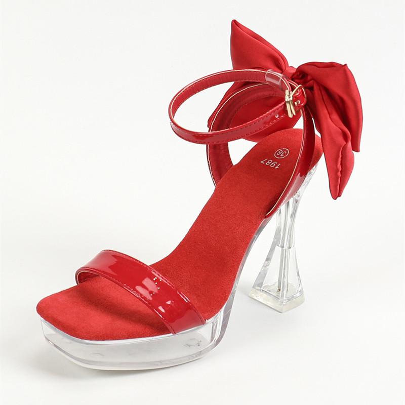 Fashion Fashion Crystal Transparent Platform Thick Heeled Women Sandals Sweet Satin Bowknot 12CM Ultra High heels Summer Banquet Shoes
