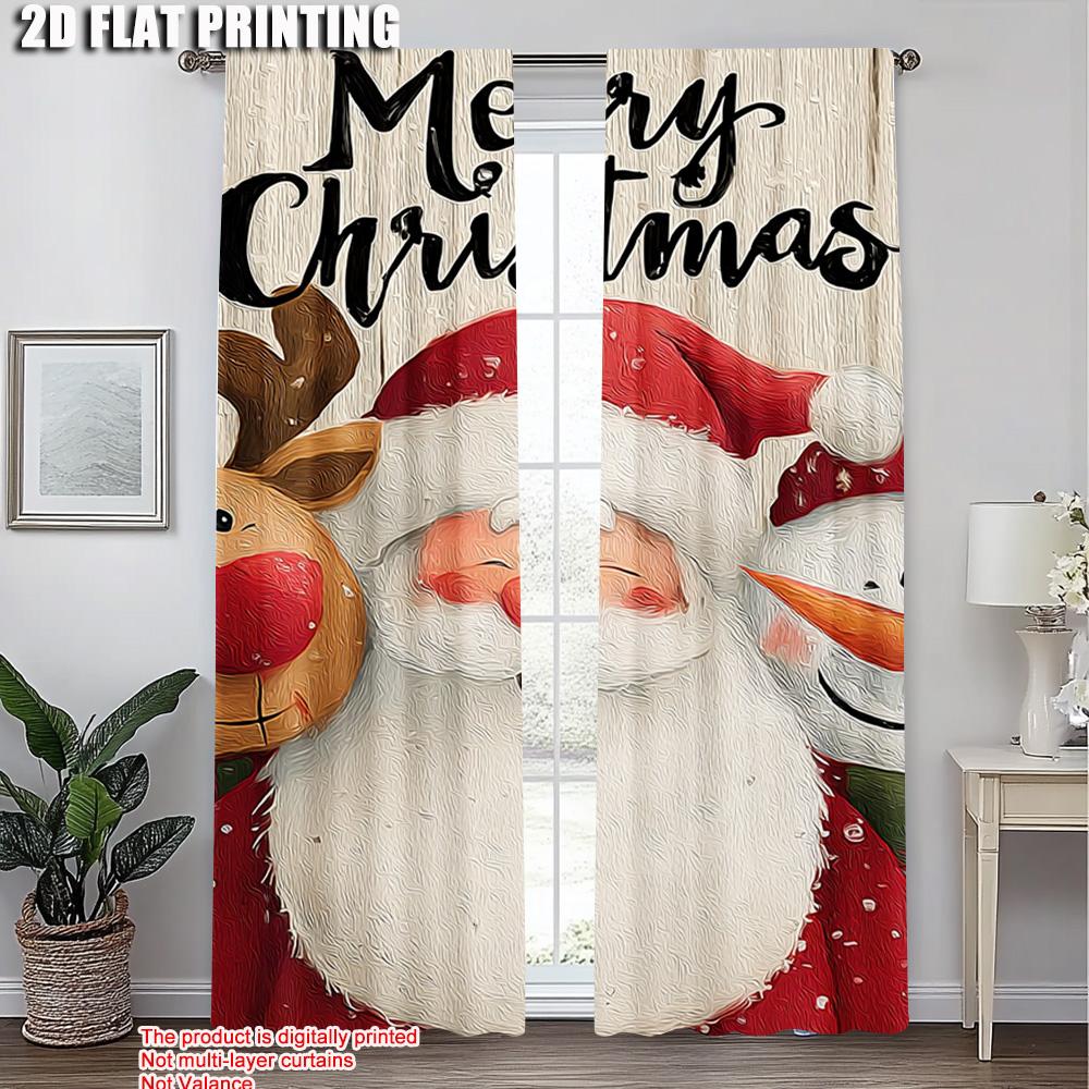 2pcs,2D Plane Printing Popular Curtain Panels Merry Christmas Santa_ Snowman and Reindeer Versatile Durable Polyester (without