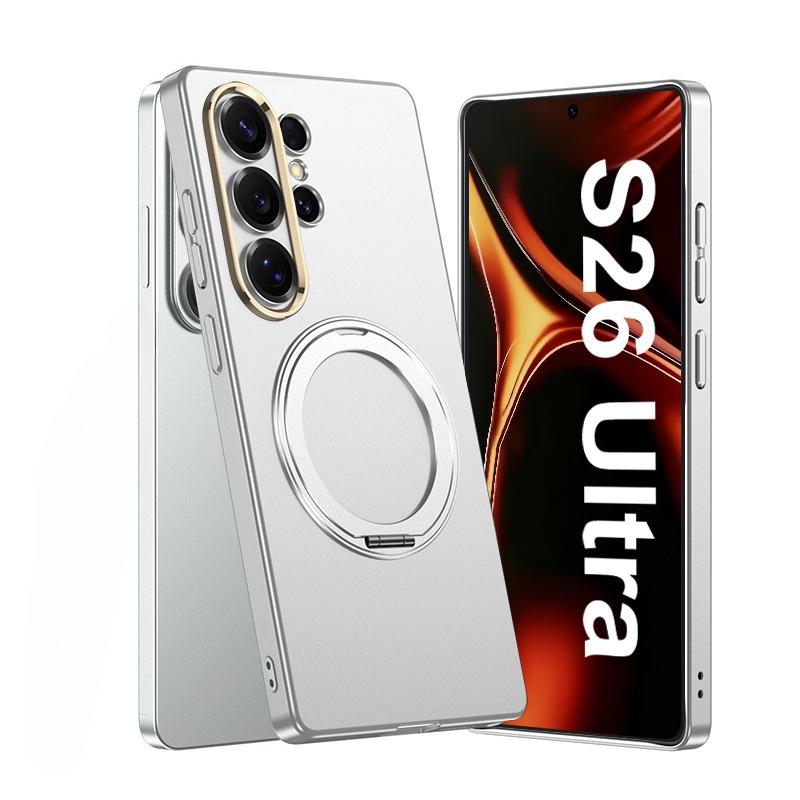 Plating Magnetic Wireless Charging Rotating Holder Phone Case for Samsung Galaxy S26 Ultra Leather Shockproof Protective Cover