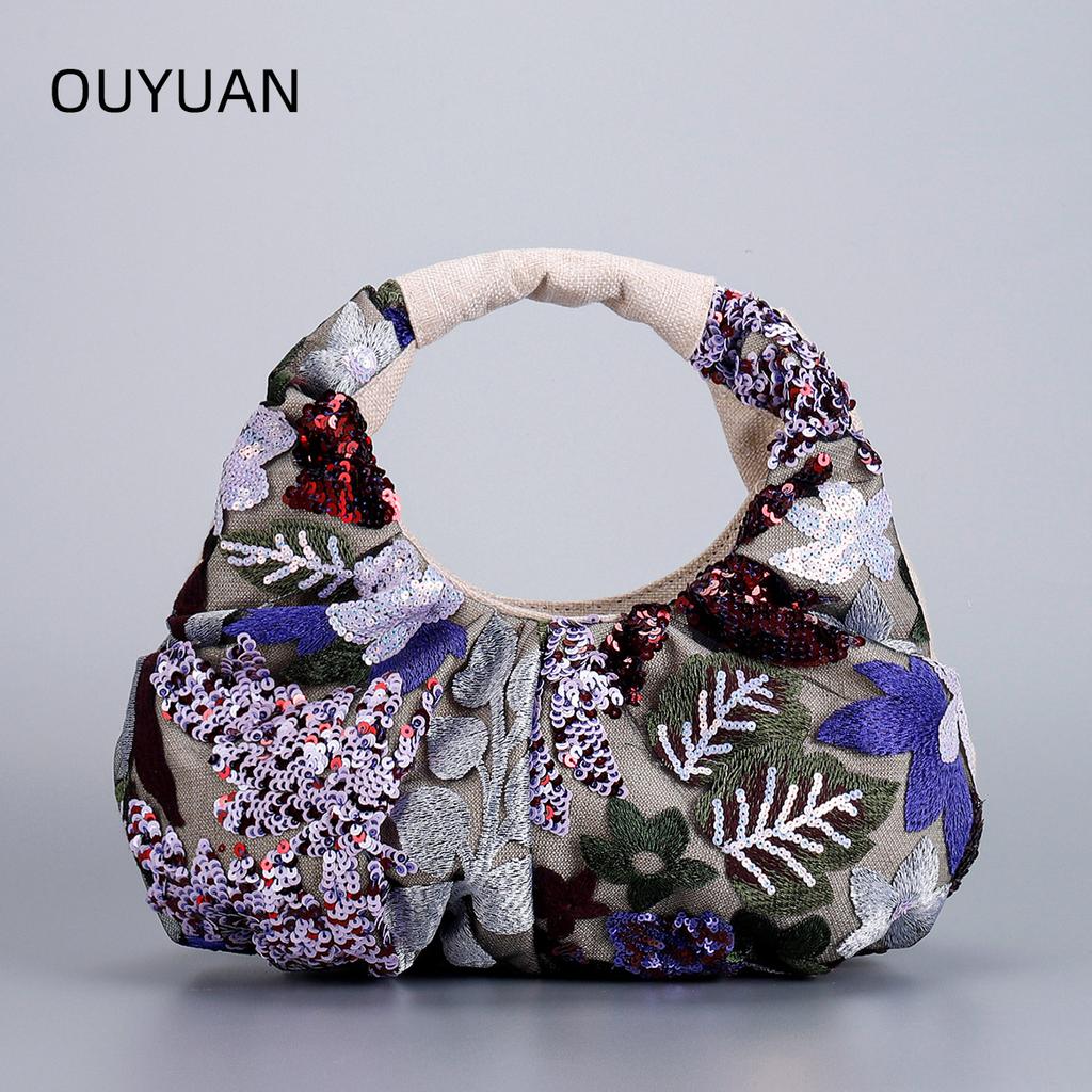 Fashion Sequins Embroidery Women Handbags Ruched Hobos Small Tote Bag Sweet Cute Flower Beach Bags Shiny Summer Bag 2025