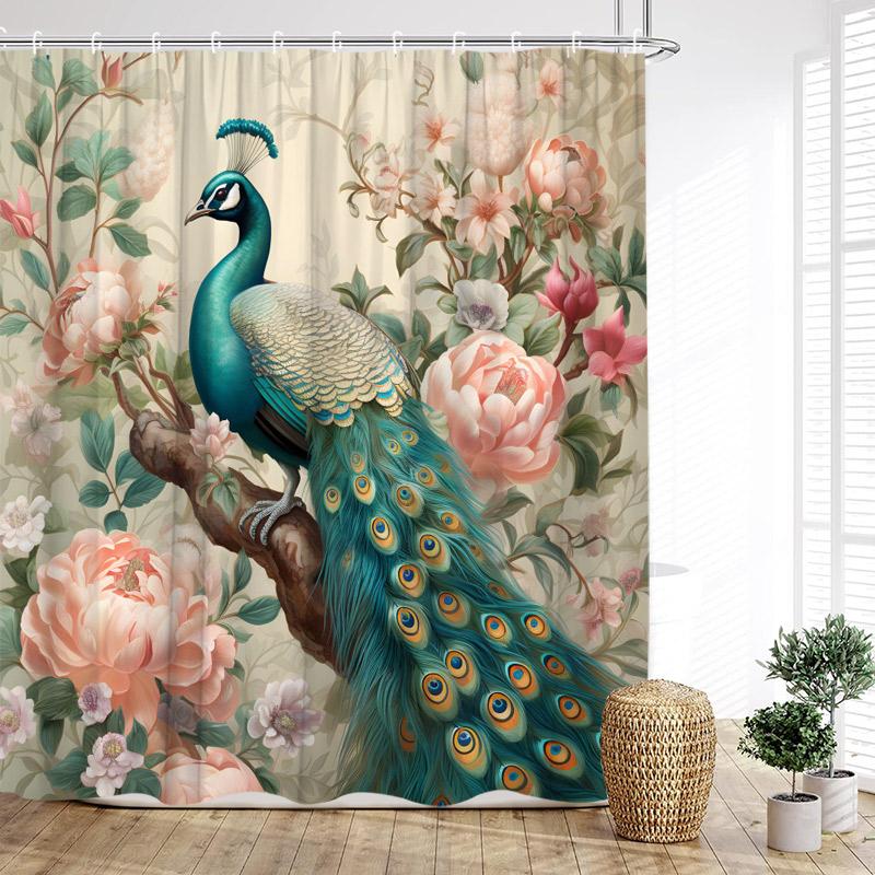Floral Peacocks Shower Curtain Tree Cave Jungle Flowers Green Plants Birds Modern Home Bathroom Decor Bath Curtains With Hooks