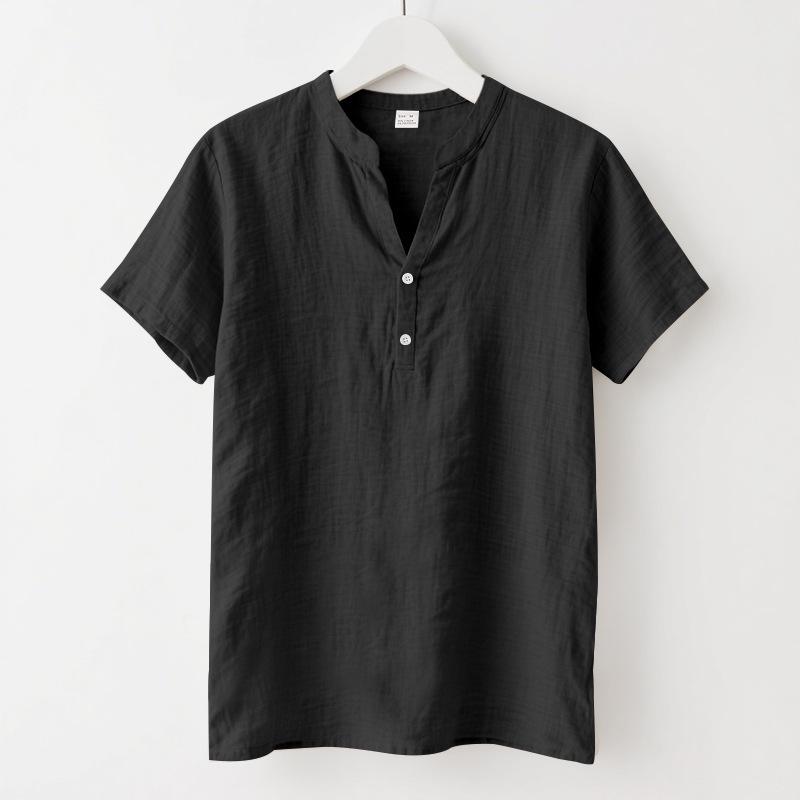 Summer Men's Casual Loose Stand Collar Linen Shirt - Trendy Short Sleeve Plus Size Solid Color