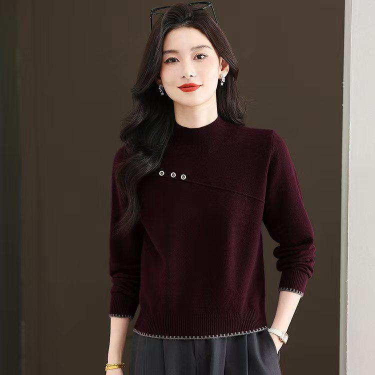 Women's Wool Fleece Sweater with Semi-High Neck for Autumn and Winter