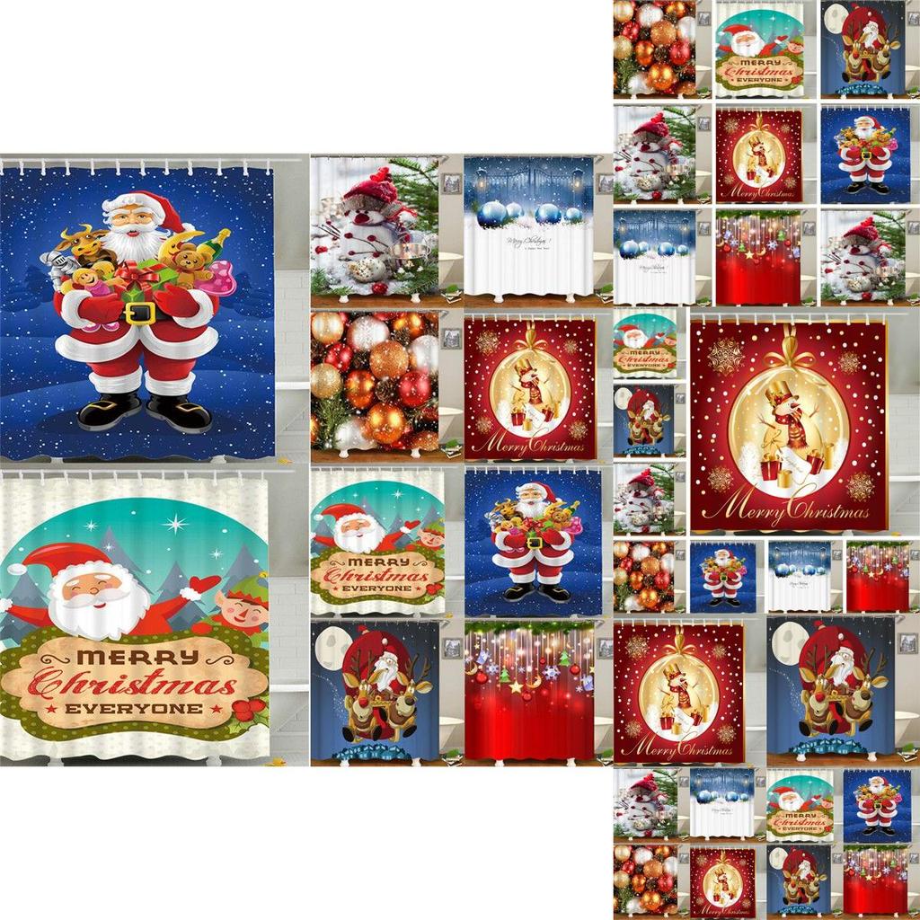 Charming Christmas Shower Curtain With Hooks Showcasing Santa Claus And Snowman For Your Bathroom