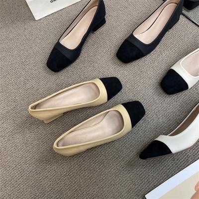 2025 Spring New Color Matching Fashion Design Square Head Thick Heel Single Shoes Women's Versatile Medium and High Heel Commuter Work Shoes