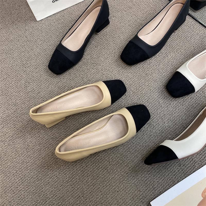 2025 Spring New Color Matching Fashion Design Square Head Thick Heel Single Shoes Women's Versatile Medium and High Heel Commuter Work Shoes