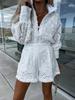 Estate 2 Pezzi Set Completi Tuta Donna Per Donne Vintage Monopetto Pizzo Bianco Set Pantaloncini Donna Manica Lunga Casual Festa Tuta