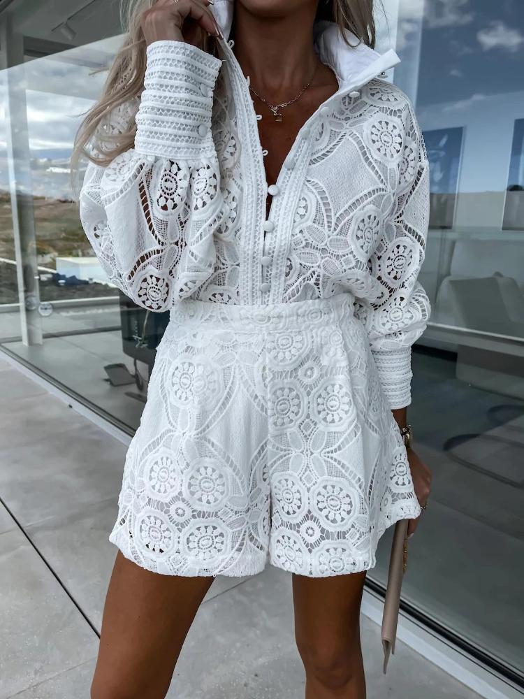 Estate 2 Pezzi Set Completi Tuta Donna Per Donne Vintage Monopetto Pizzo Bianco Set Pantaloncini Donna Manica Lunga Casual Festa Tuta