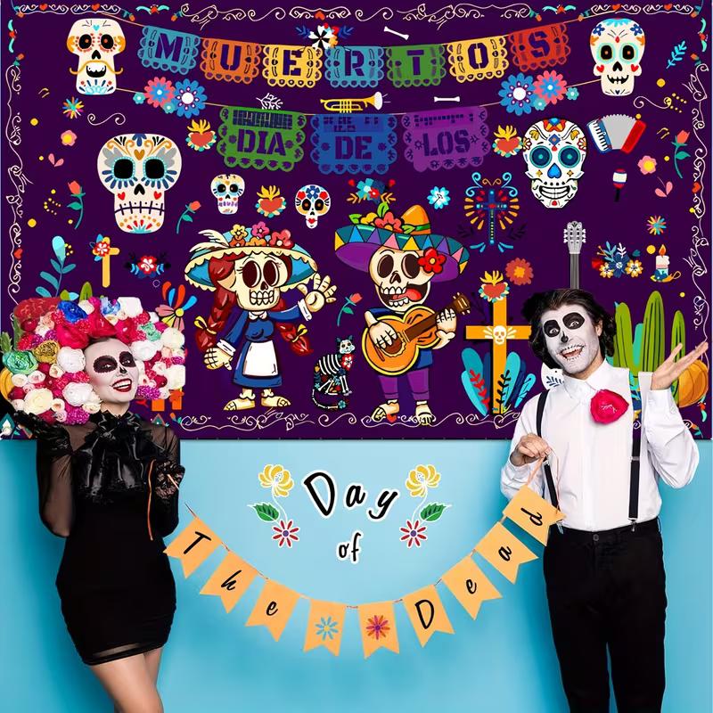 2D Dia De Los Muertos Backdrop, Day of the Dead Sugar Skull Photography Background Banner
