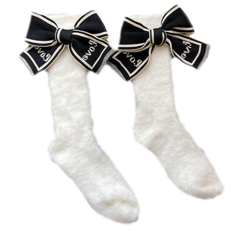 

Women Winter Warm Furry Plush Calf Socks Japanese JK Sweet Removable Big Bowknot School Girls Student Fuzzy Ankle Socks