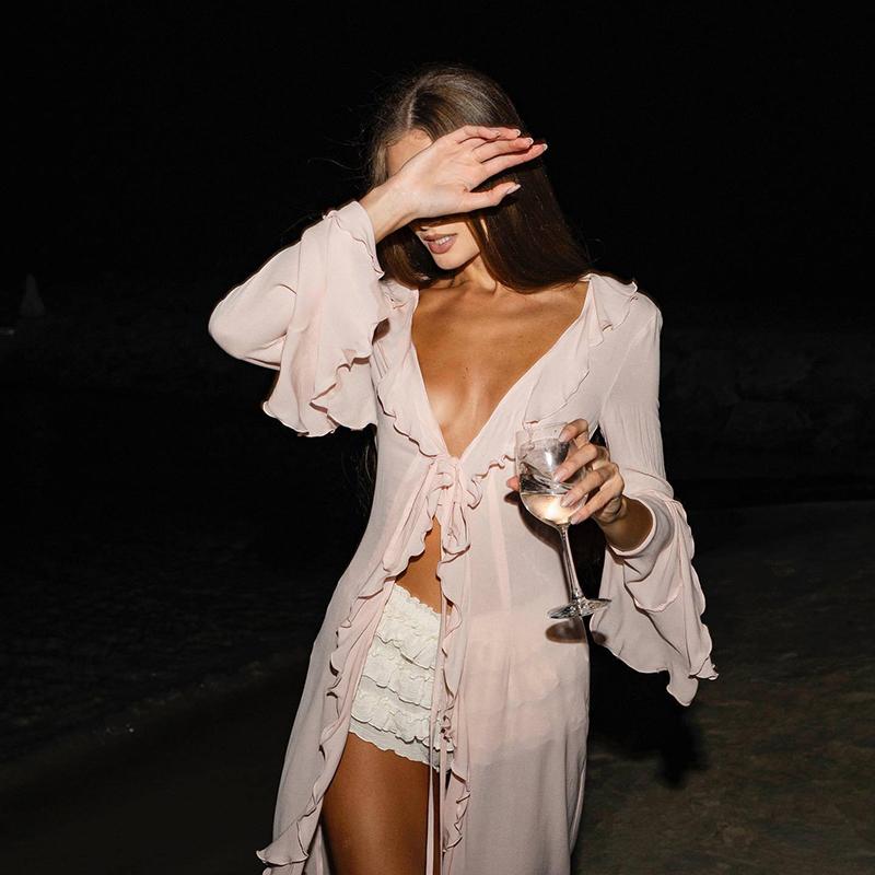 New Sexy V Neck Ruffled Long Sleeve Chiffon Tunic Beach Cover Up Cover-ups Beach Dress Beach Wear Beachwear Female Women