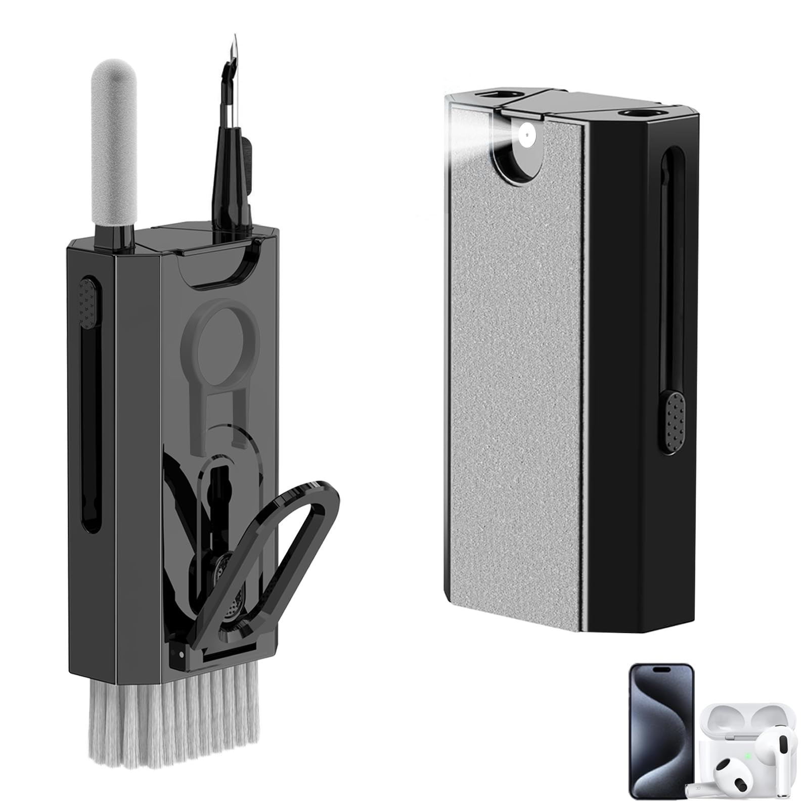 

Многофункциональный инструмент для чистки AirPods, клавиатуры, отпечатков пальцев, пыли, телефона, планшета, зарядного кейса, камеры и легких наушников 8-в-1, 1/2/3/Pro, чёрный