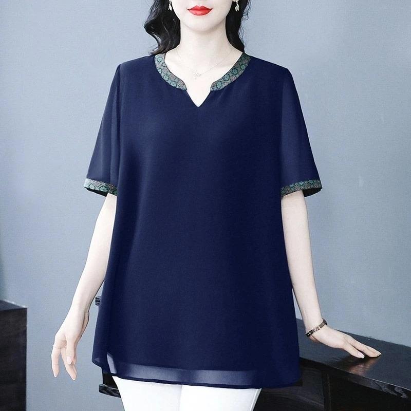 Short-sleeved Shirt for Women Summer New Plus Size Women's High-end Ethnic Style Chiffon Shirt Top