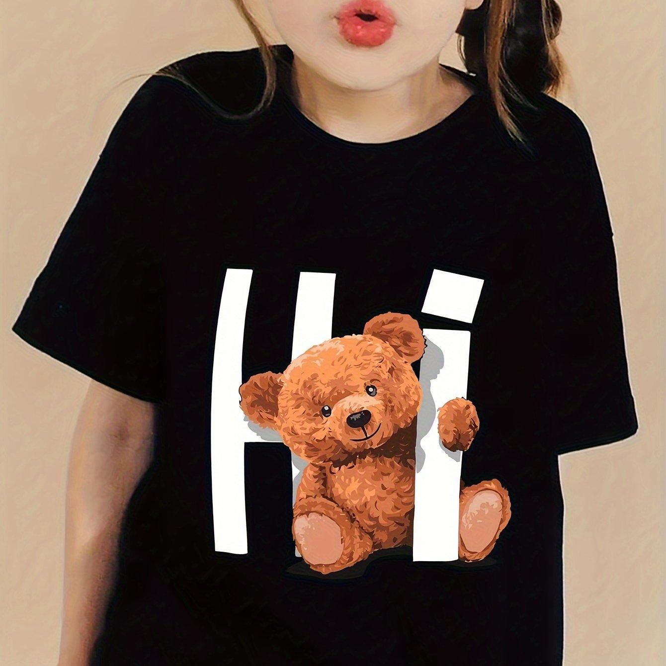 

Креативні футболки з графічним принтом із зображенням мультфільму Кіт і Ведмідь Зручні футболки з круглим вирізом і короткими рукавами Дитячий одяг Літні топи для дівчинки 160