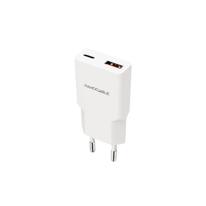 Chargeur USB-C/PD Et USB-A/QC 30W - Nano Cable - Charge Rapide Double - Blanc - 81x36x15 Mm