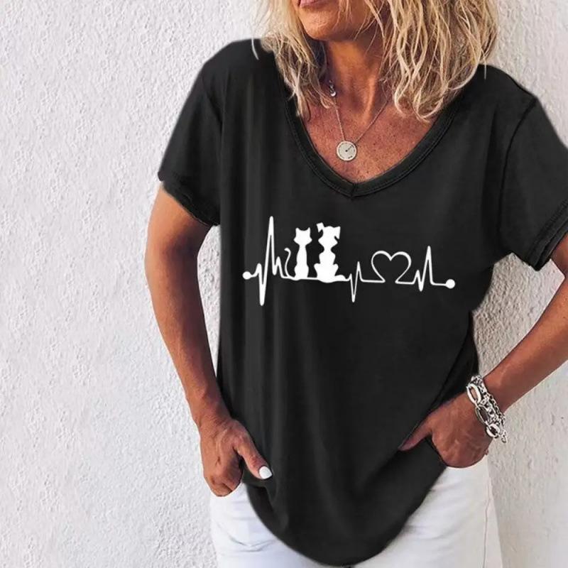 Summer V-neck 3D Cute Cat Printed Top Fashionable Casual Short Sleeved Women's T-shirts