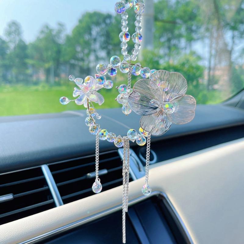 Women S Crystal Flower Car Rearview Mirror Pendant Car Decoration