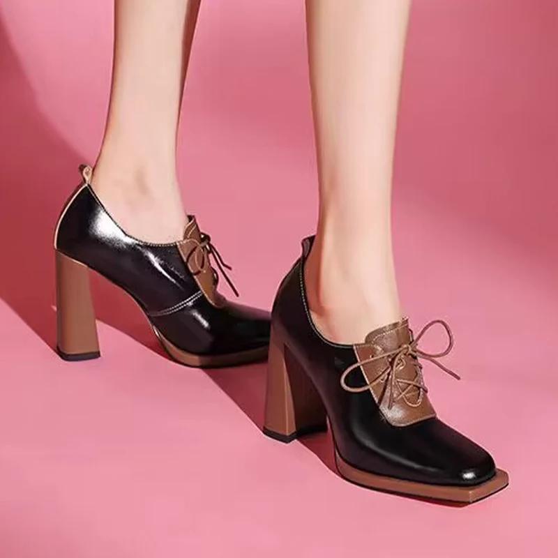 Plataforma Salto Alto Moda Sapatos de Couro Mulher Outono Bico Quadrado Tratorados Marca Sapatos Oxford Mulher Luxo Vestido Festa Scarpins