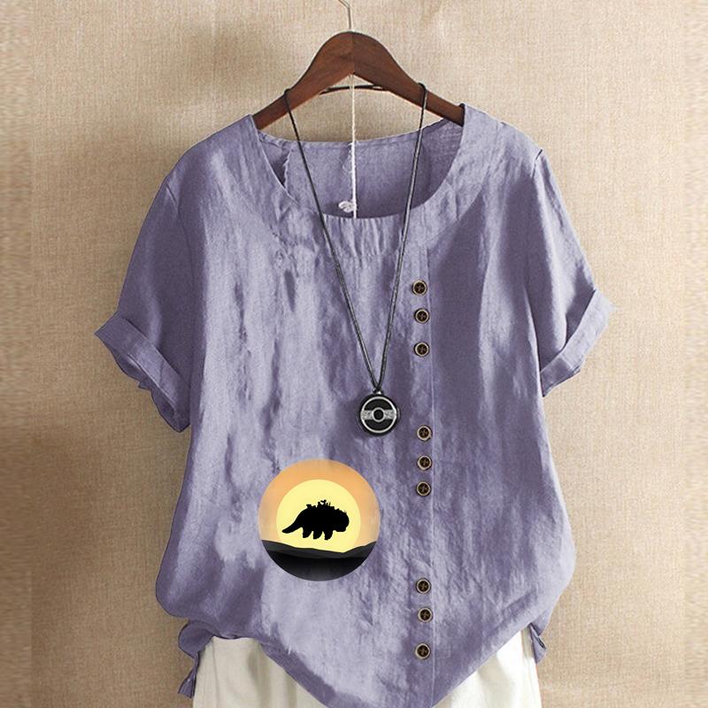 Women's Fashion Round Neck Short Sleeve T-shirt Casual Cotton Linen Graphic Shirt Shadow Prined Summer Blouse Tops Plus Size