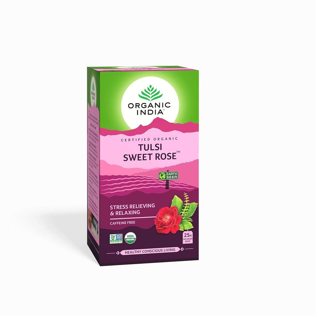 ORGANIC INDIA Tulsi Green Tea Pomegranate 25 Tea Bags & Tulsi Sweet Rose 25 Tea Bags  Soothing Herbal Drink