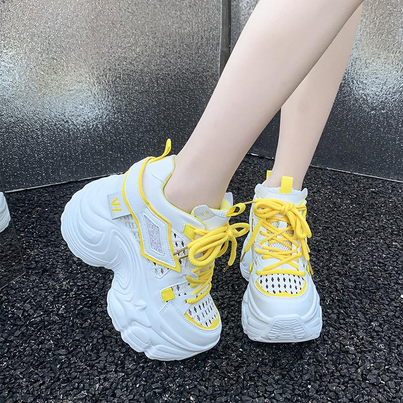 Fashion 9CM New 2025 Chunky Leather Sneakers Summer Casual Vulcanized Shoes Woman High Platform Breathable Mesh Sneakers Sport Dad Shoes