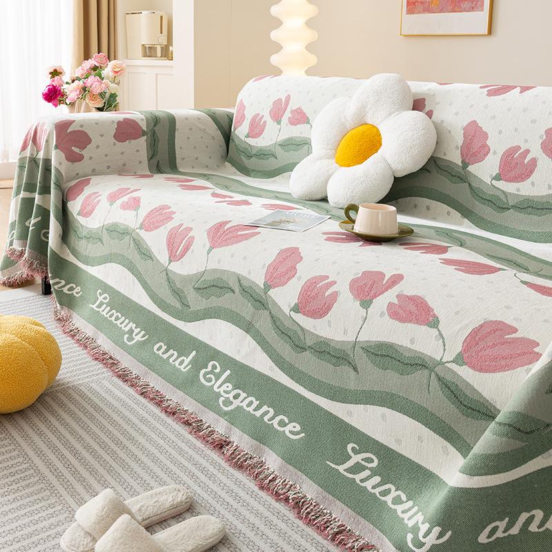 Rural Tulip Printed Sofa Towel with Tassels Soft Chenier Couch Cover for Living Room Multi Functional All Inclusive Seat Cushion