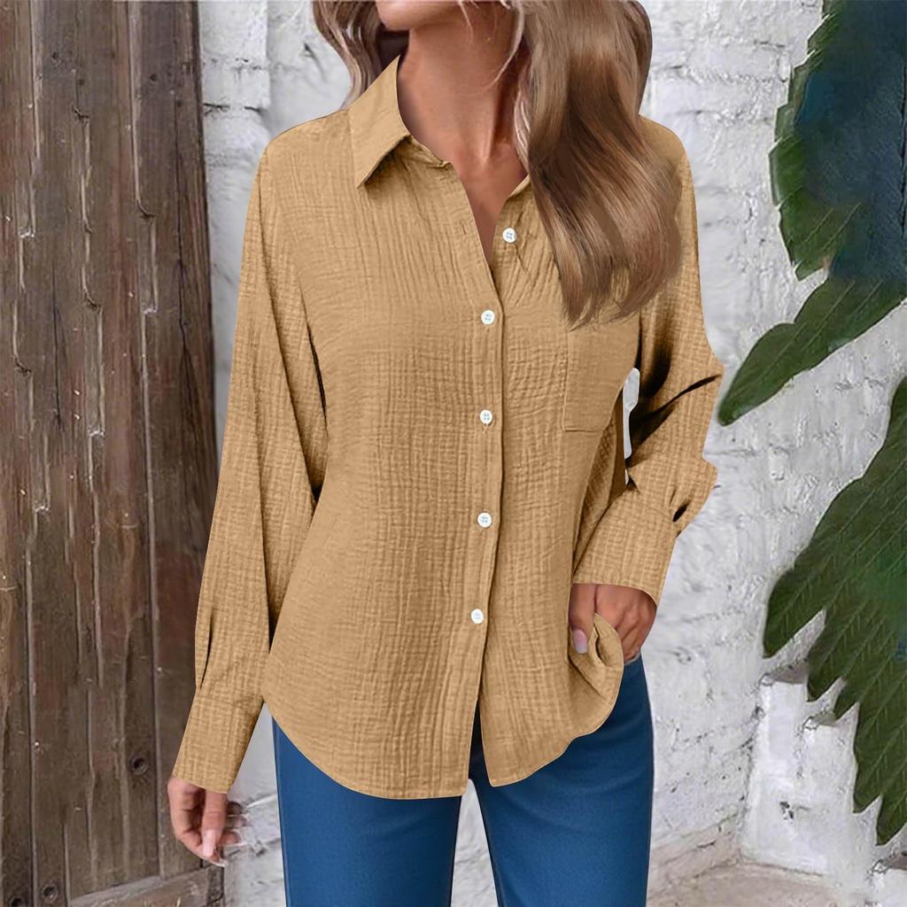 Women's Fashion Casual Solid Color Split Button Long Sleeve Shirt Top