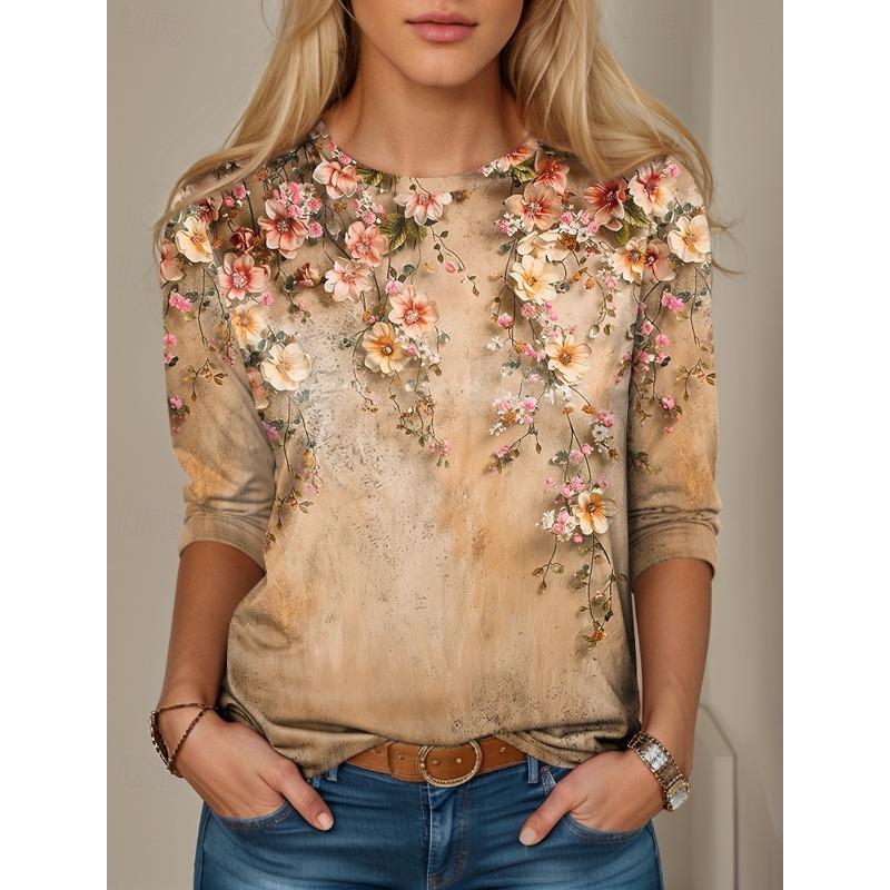 Fashion Women's Flower Graphic O-Neck Long Sleeve T-Shirt Y2K Casual Tops Womens Clothing Harajuku Female Clothing Pullover