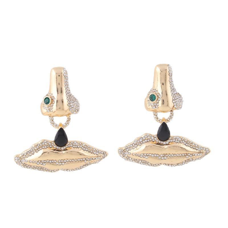 European Retro Rhinestone Gemstone Nose & Lips Earrings: High-End Luxury Fashion for Women