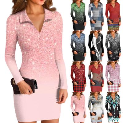 Damen V-Ausschnitt Lässig Print Langarm Figurbetontes Kleid