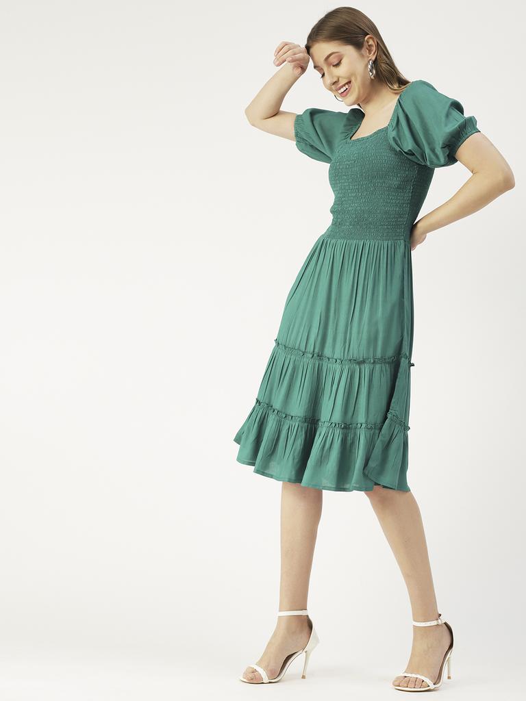 Moomaya Square Neck Tiered Dress, Knee Length Flared Smocked Summer Dress