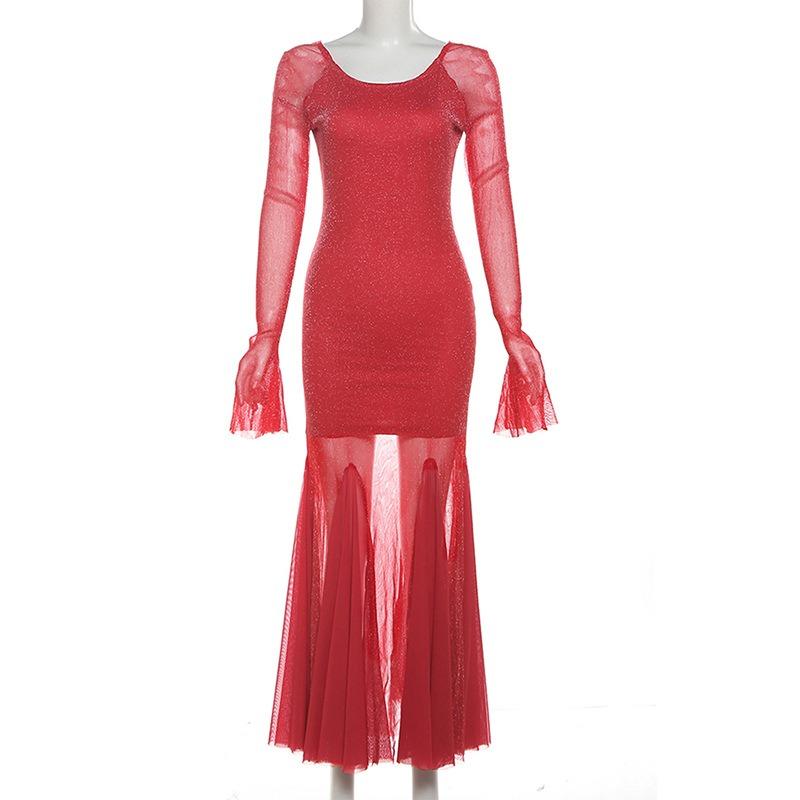 Autumn Women's Temperament Sexy U-neck Backless Long-sleeved Slim-fit Wrap Buttock Dress